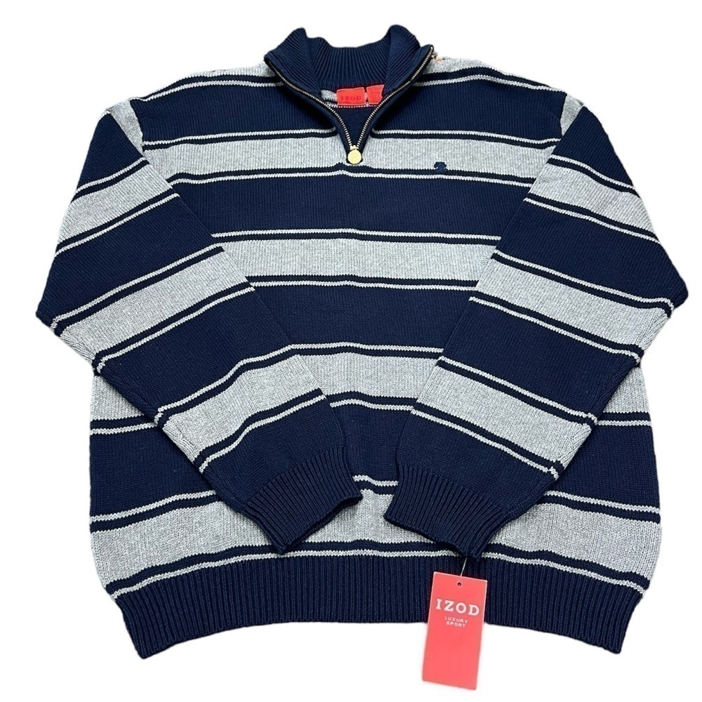 NWT IZOD Boys Quarter Zip Pullover Sweater Size XL 18/20 Navy Gray Stripe